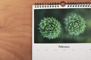 Close up of a month to a page spiral photo calendar on the month of February hanging on a wooden wall