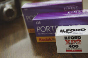 Boxes of Ilford Xp2 and Kodak Portra 135 120 film
